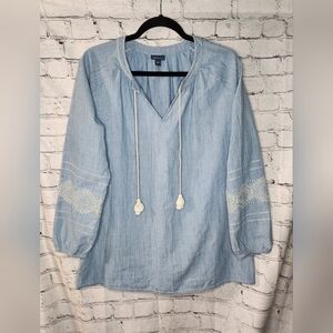 J Jill Embroidered‎ Denim Peasant Tunic Top Size Large